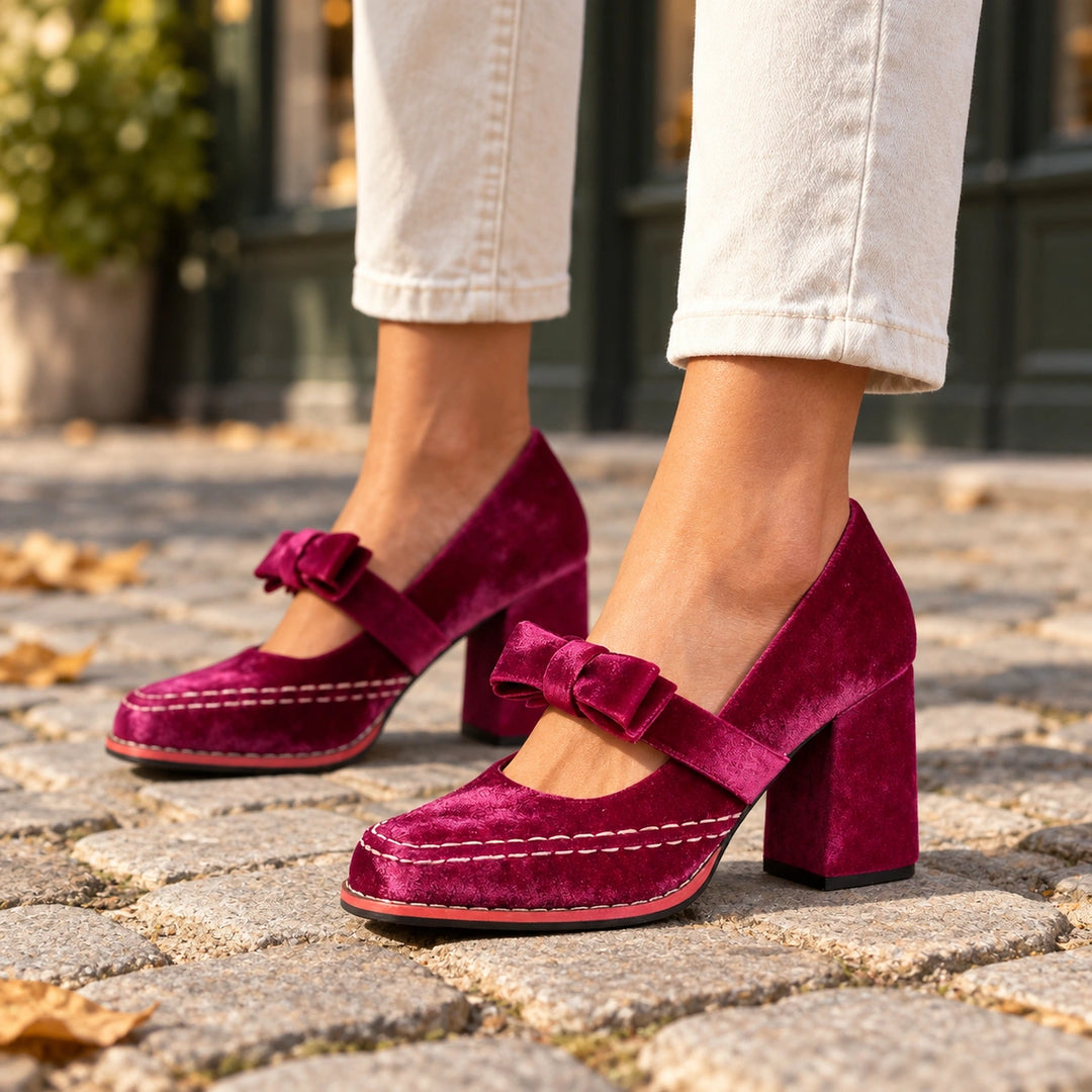Bonnie Velvet Bow Mary Jane Block Heels - Pink