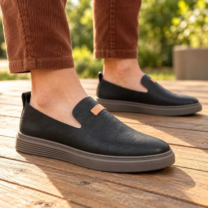 Brady Grained Genuine Leather Tab Loafers - Black