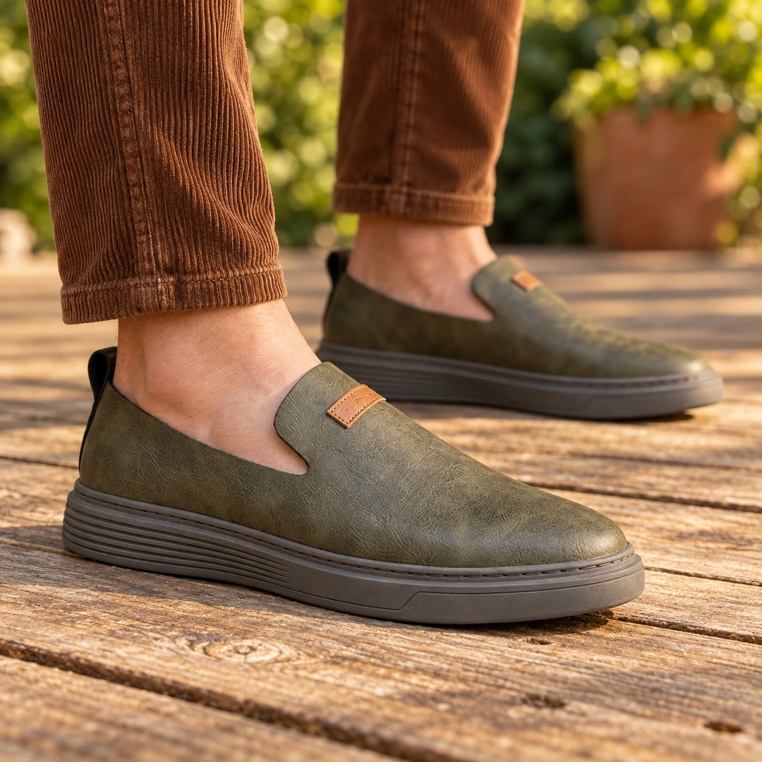 Brady Grained Genuine Leather Tab Loafers - Green
