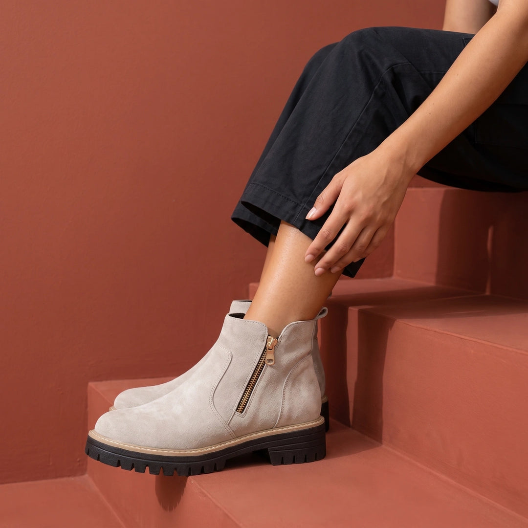 Branwen Suede Side Zip Lug Sole Ankle Boots - Beige