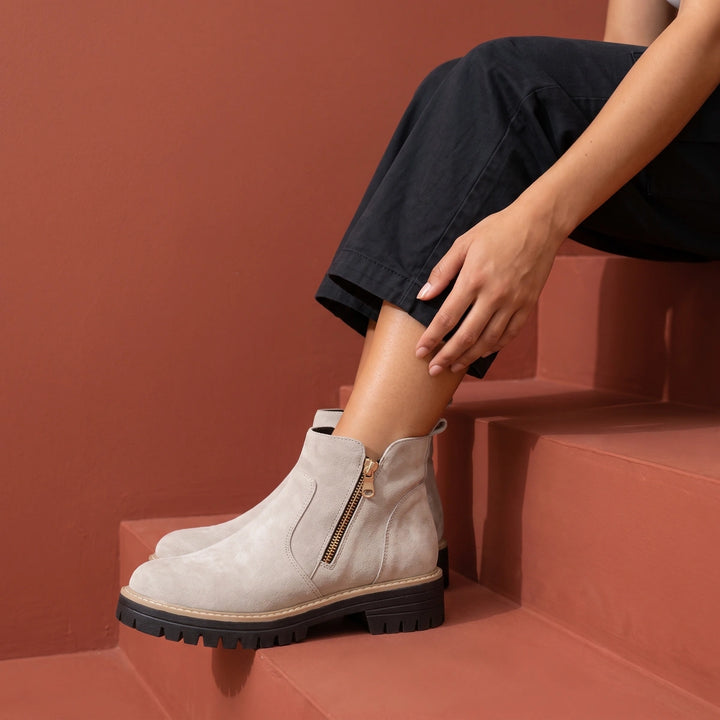 Branwen Suede Side Zip Lug Sole Ankle Boots - Beige