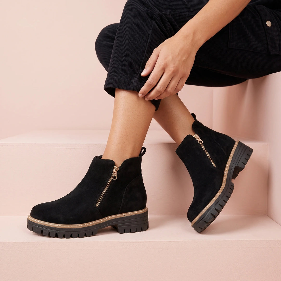Branwen Suede Side Zip Lug Sole Ankle Boots - Black