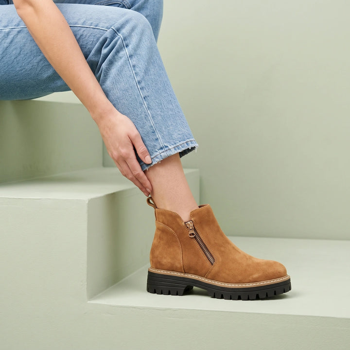 Branwen Suede Side Zip Lug Sole Ankle Boots - Brown