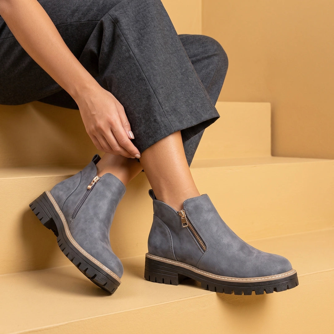 Branwen Suede Side Zip Lug Sole Ankle Boots - Gray