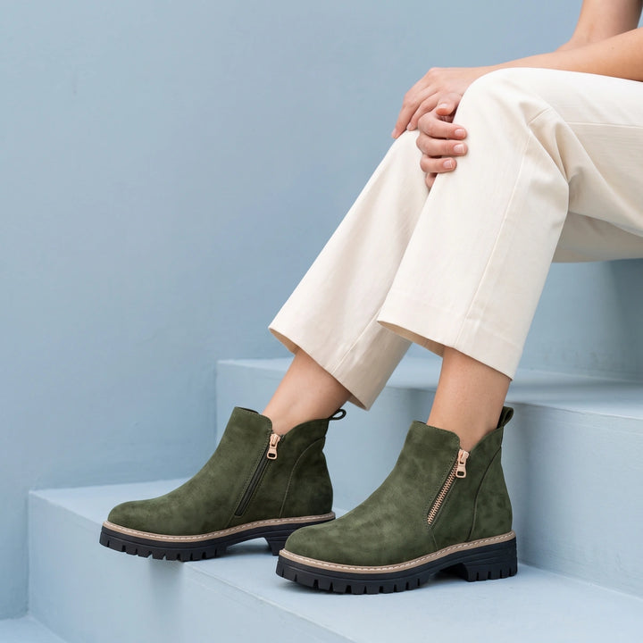 Branwen Suede Side Zip Lug Sole Ankle Boots - Green