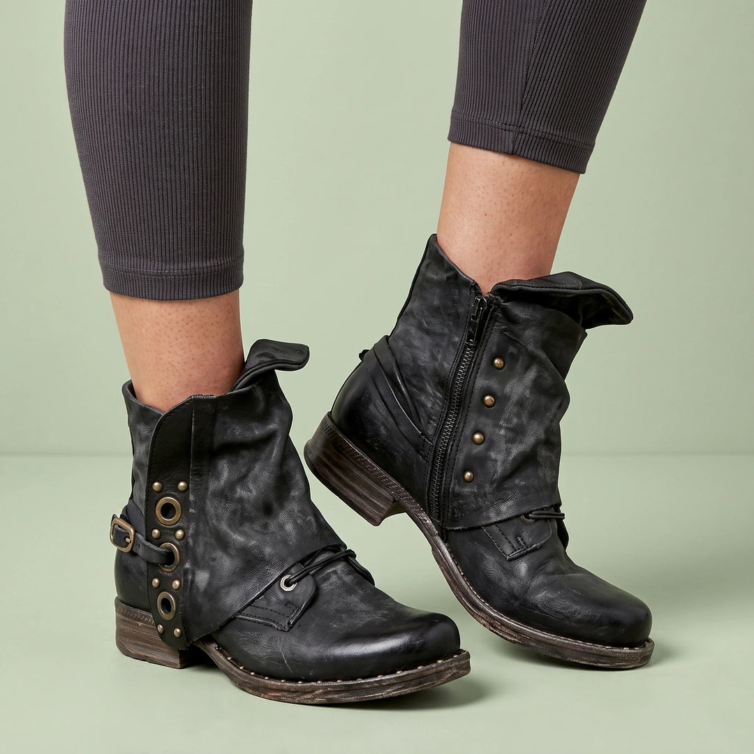 Briana Distressed Leather Studded Buckle Ankle Boots - Black