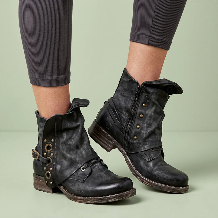 Briana Distressed Leather Studded Buckle Ankle Boots - Black