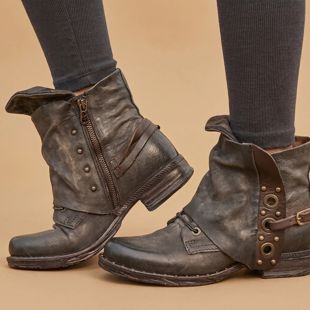 Briana Distressed Leather Studded Buckle Ankle Boots - Brown