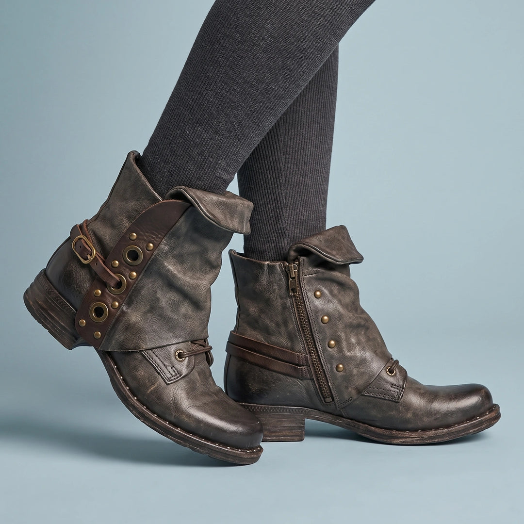 Briana Distressed Leather Studded Buckle Ankle Boots - Brown
