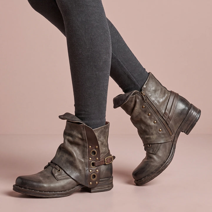 Briana Distressed Leather Studded Buckle Ankle Boots - Brown