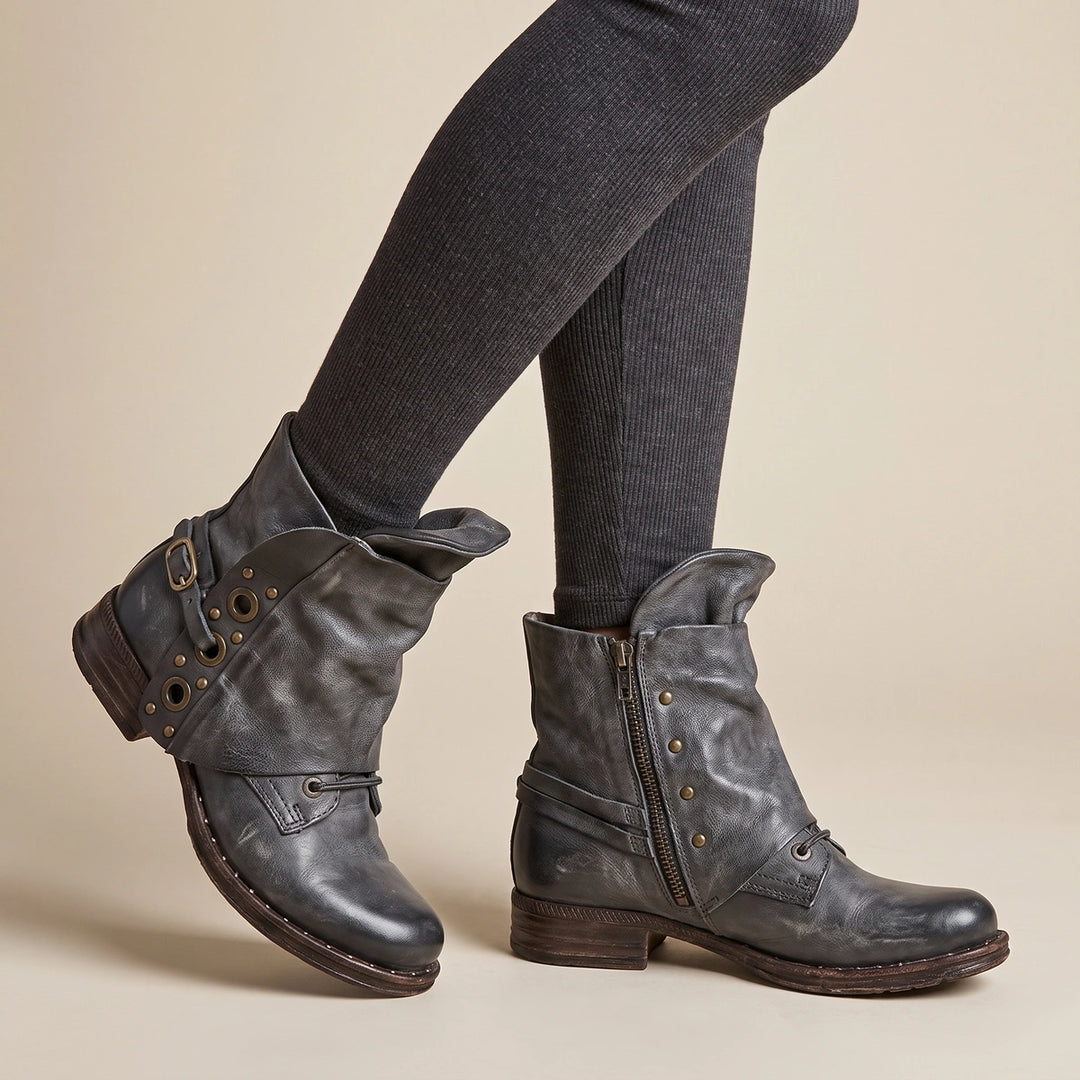 Briana Distressed Leather Studded Buckle Ankle Boots - Gray