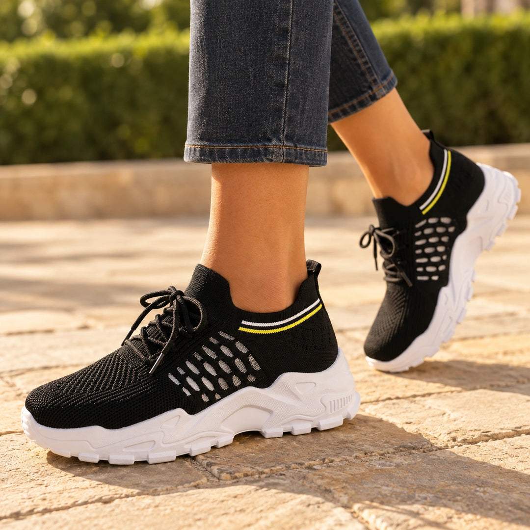 Brigitta Arch Support Wide Toe Knit Sneakers - Black