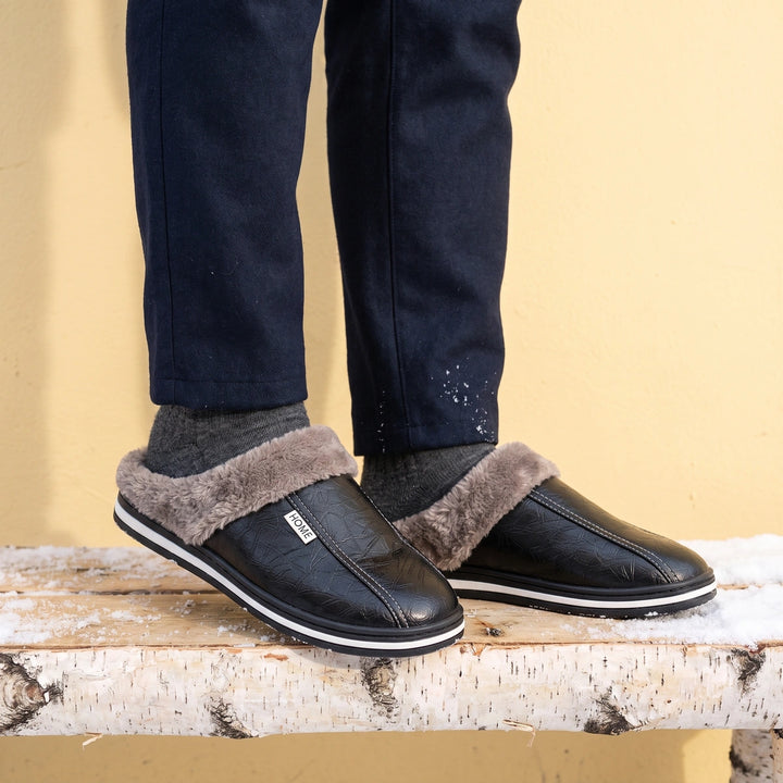 Byron Embossed Vegan Leather Fleece Slippers - Black