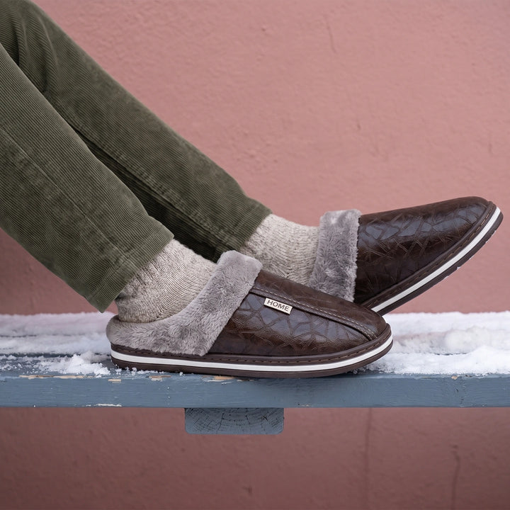 Byron Embossed Vegan Leather Fleece Slippers - Brown