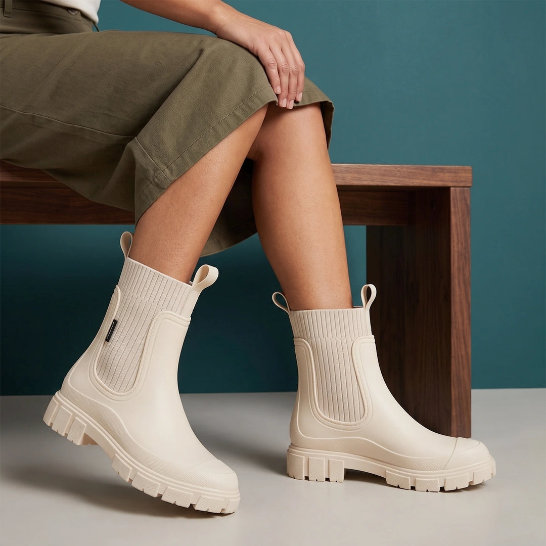 Calanthe Waterproof Knit Collar Lug Sole Rain Boots - Beige