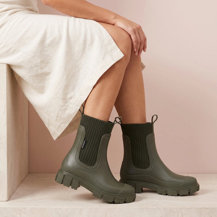 Calanthe Waterproof Knit Collar Lug Sole Rain Boots - Green