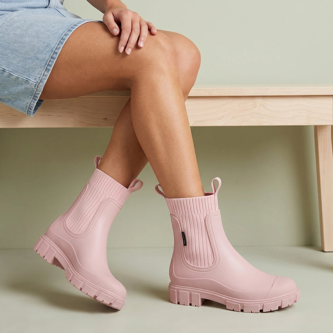 Calanthe Waterproof Knit Collar Lug Sole Rain Boots - Pink