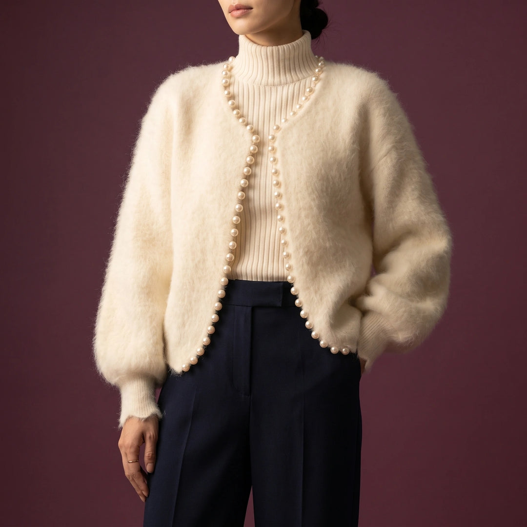Camilla Cashmere Pearl Trim Balloon Sleeve Cardigan - Beige