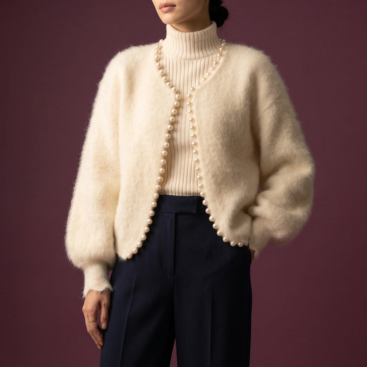 Camilla Cashmere Pearl Trim Balloon Sleeve Cardigan - Beige