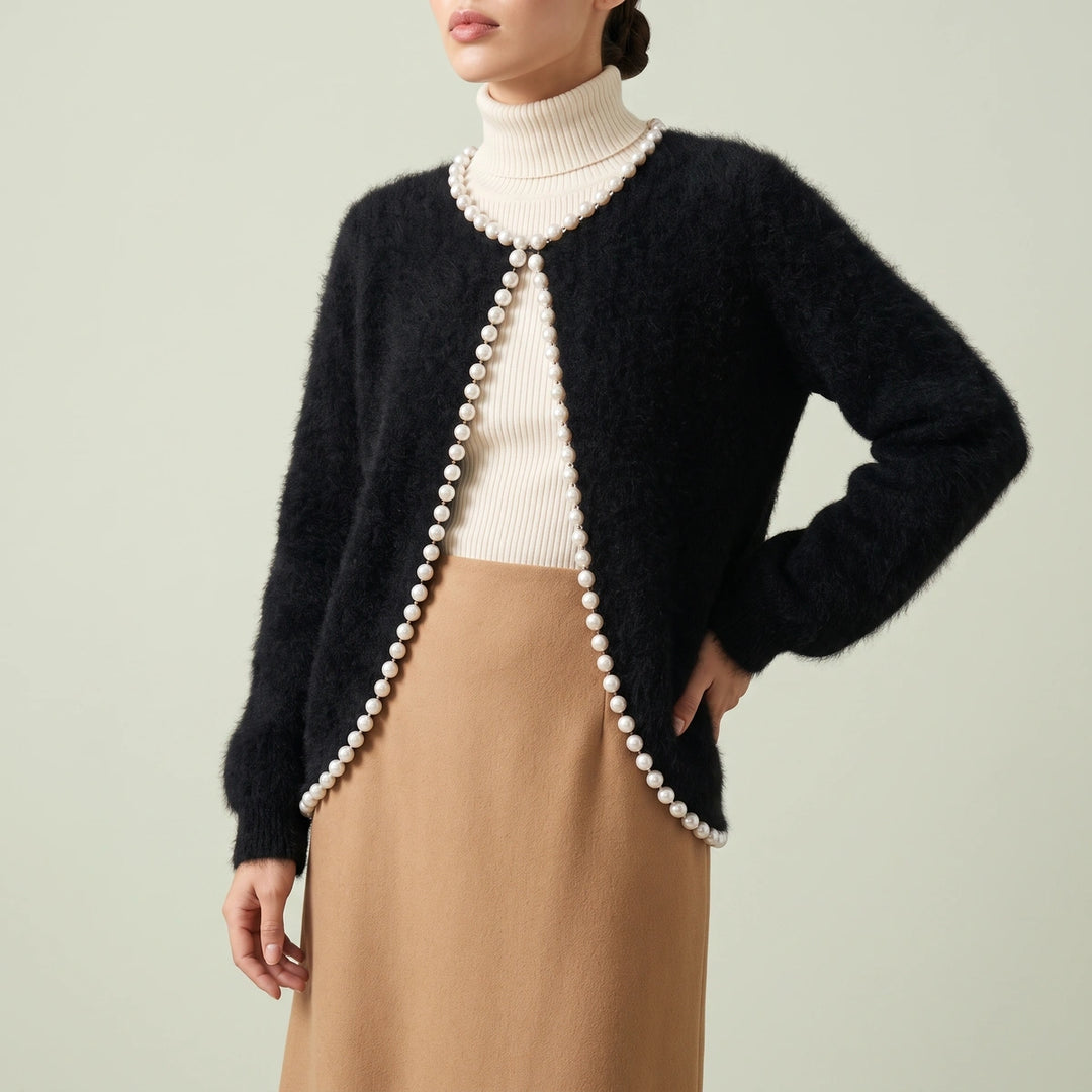 Camilla Cashmere Pearl Trim Balloon Sleeve Cardigan - Black