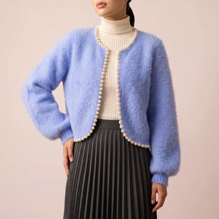 Camilla Cashmere Pearl Trim Balloon Sleeve Cardigan - Blue