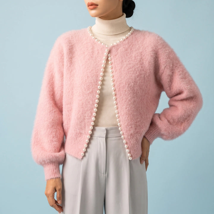 Camilla Cashmere Pearl Trim Balloon Sleeve Cardigan - Pink