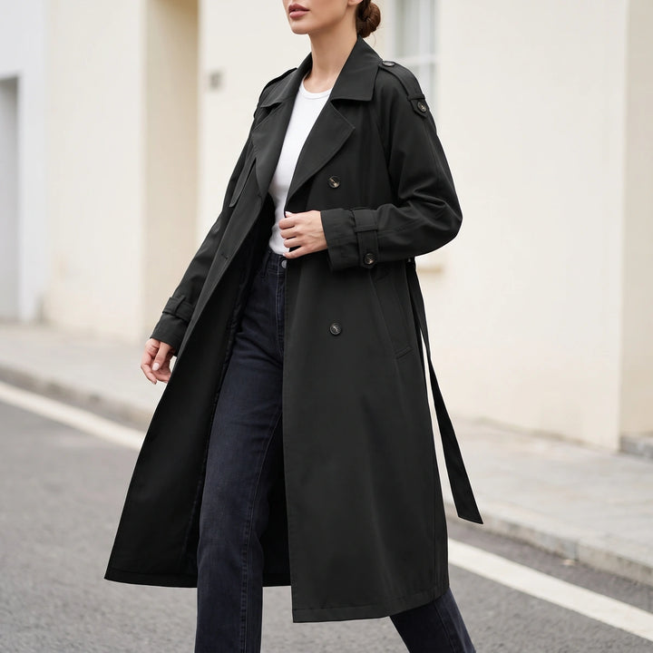 Carina Notch Lapel Belted Longline Trench - Black