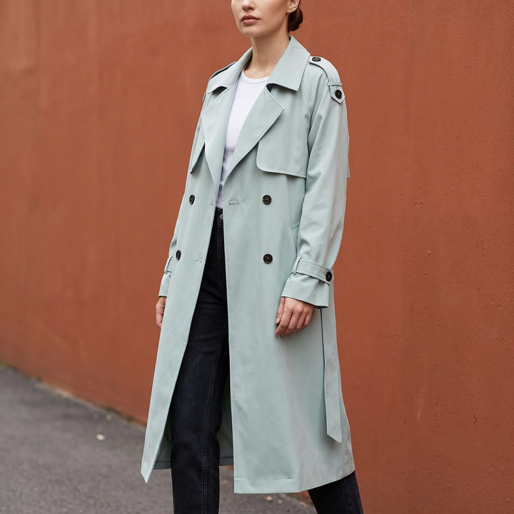 Carina Notch Lapel Belted Longline Trench - Light Blue