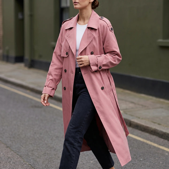 Carina Notch Lapel Belted Longline Trench - Pink