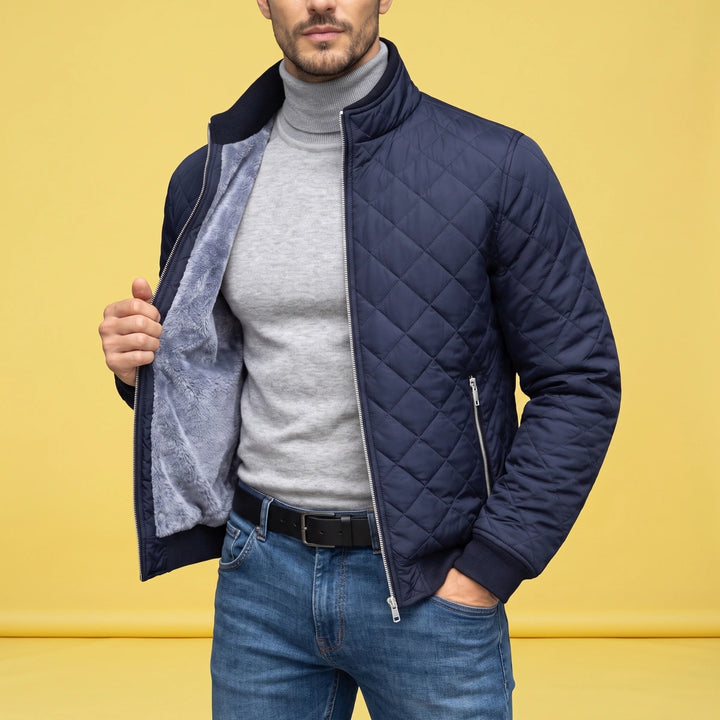 Carlos Sherpa Lined Diamond Quilted Jacket - Navy Blue