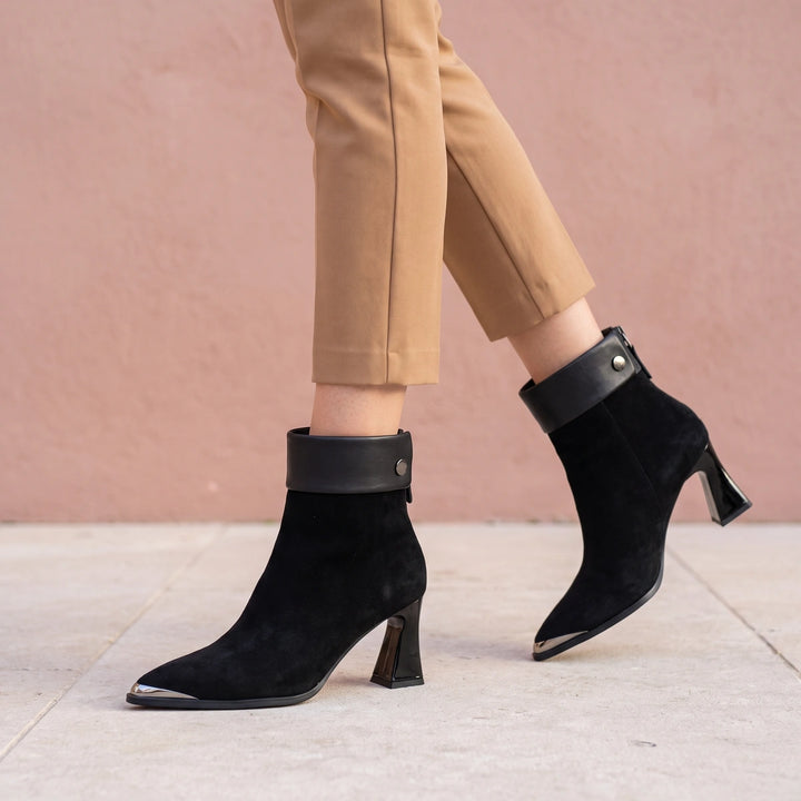 Carmela Suede Leather Cuff Pointed Ankle Boots - Black