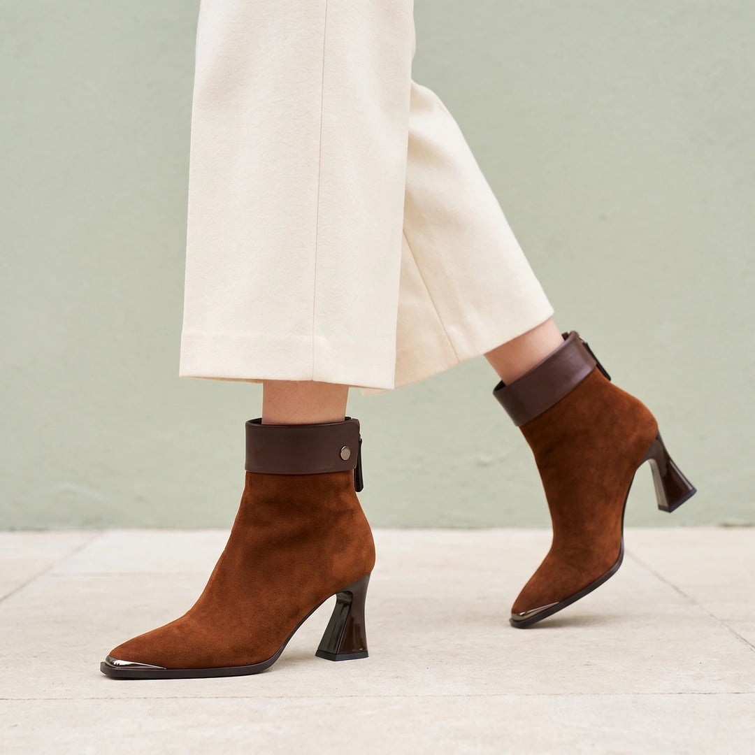 Carmela Suede Leather Cuff Pointed Ankle Boots - Brown