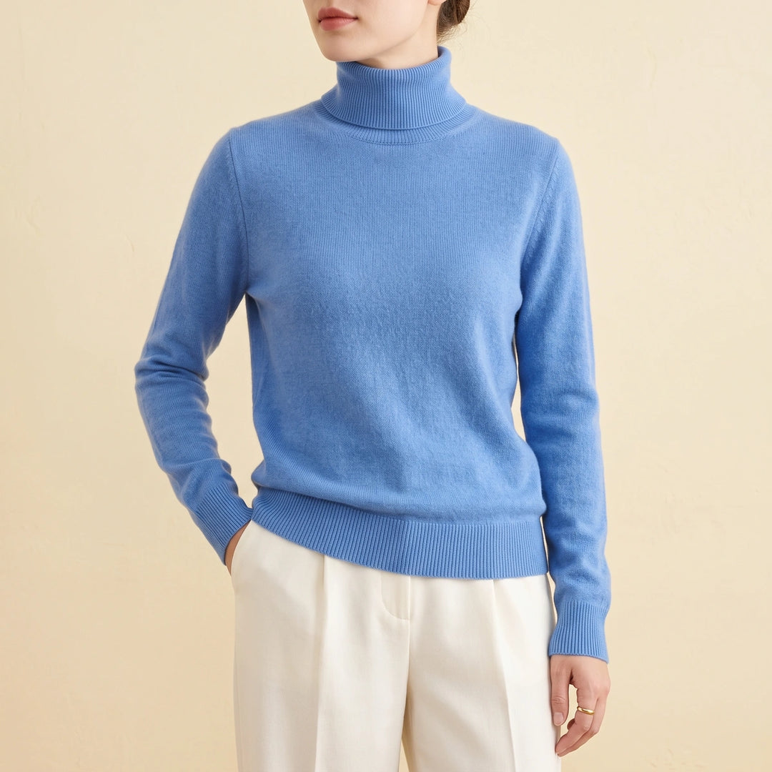 Carolina Fitted Fold Over Cashmere Turtleneck Sweater - Blue