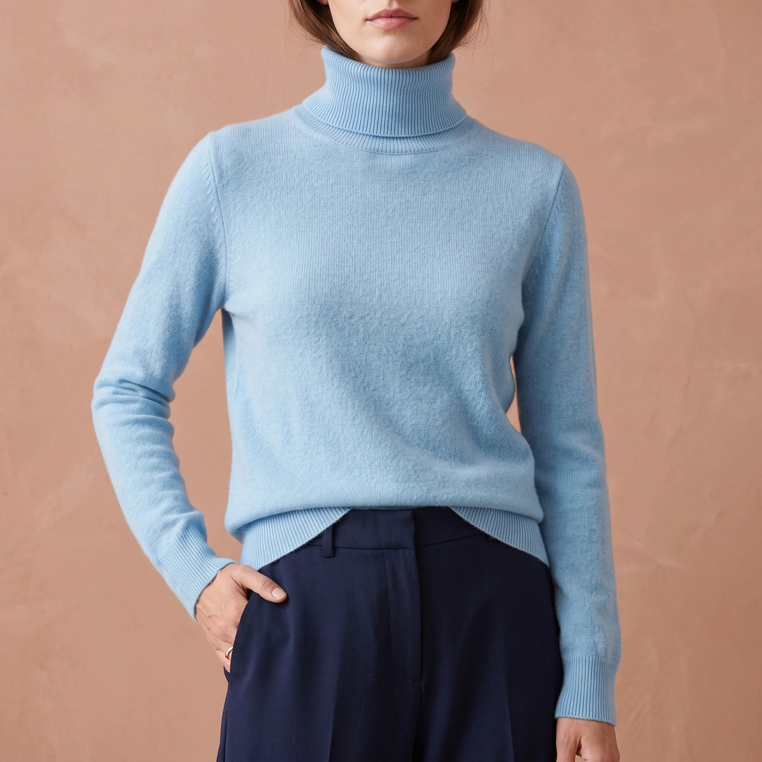 Carolina Fitted Fold Over Cashmere Turtleneck Sweater - Light Blue