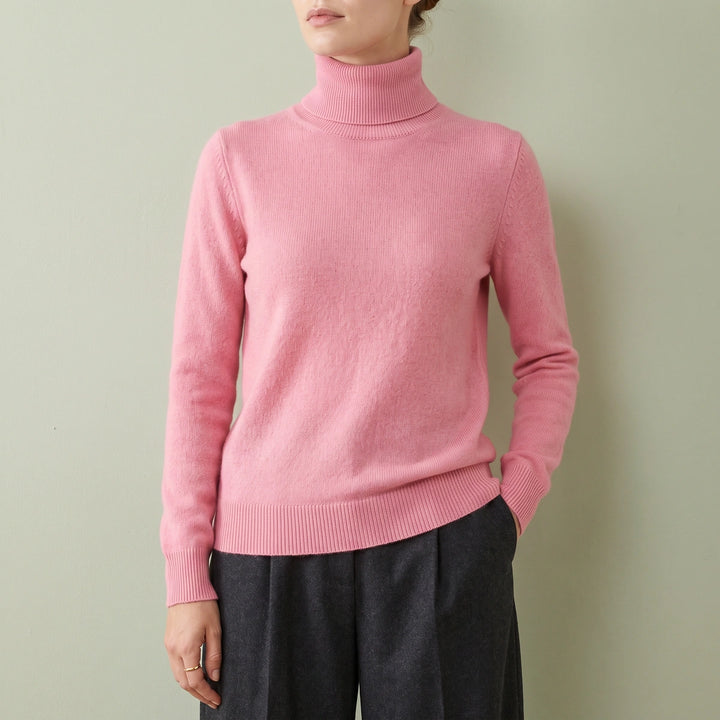Carolina Fitted Fold Over Cashmere Turtleneck Sweater - Pink