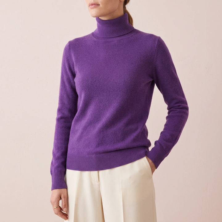Carolina Fitted Fold Over Cashmere Turtleneck Sweater - Purple