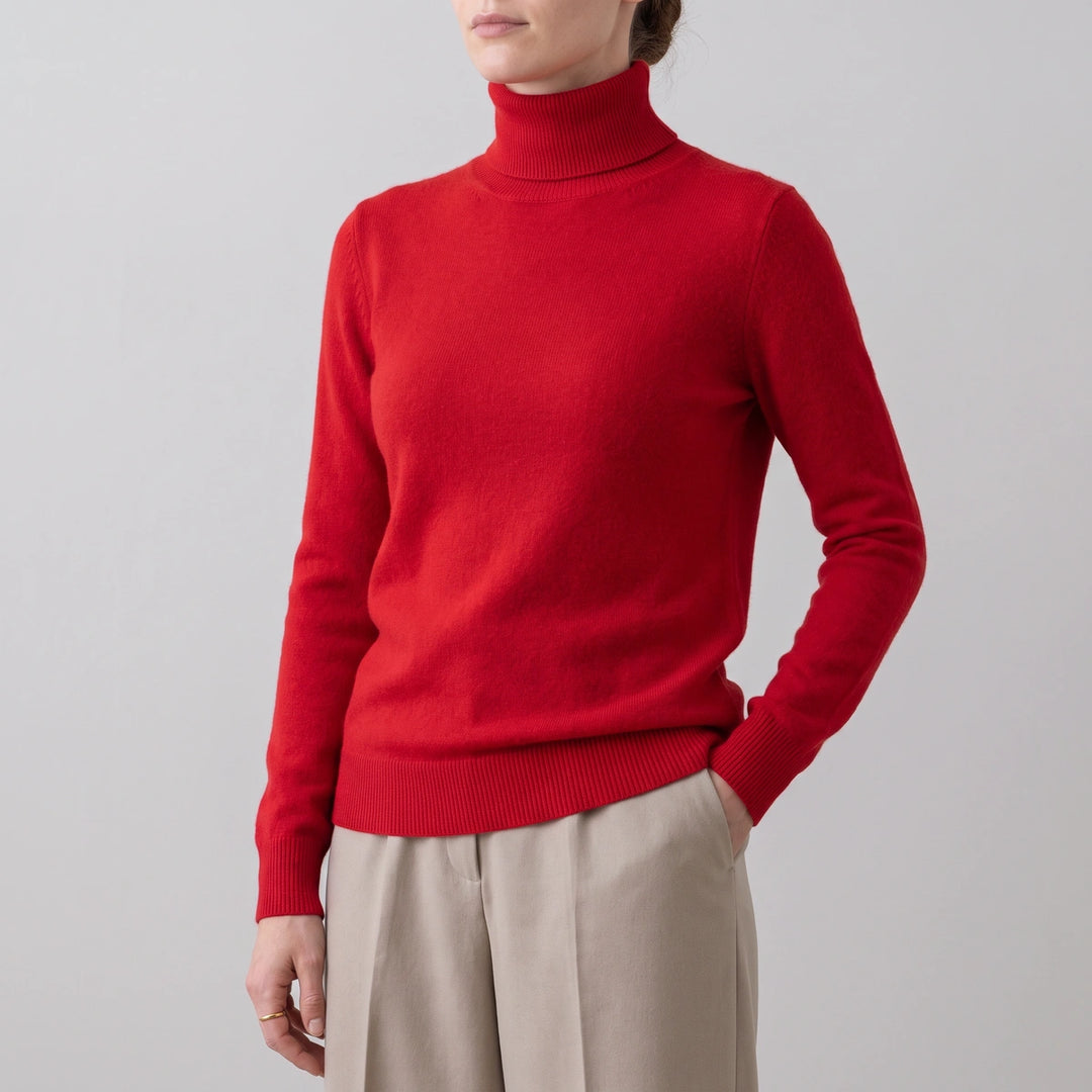 Carolina Fitted Fold Over Cashmere Turtleneck Sweater - Red
