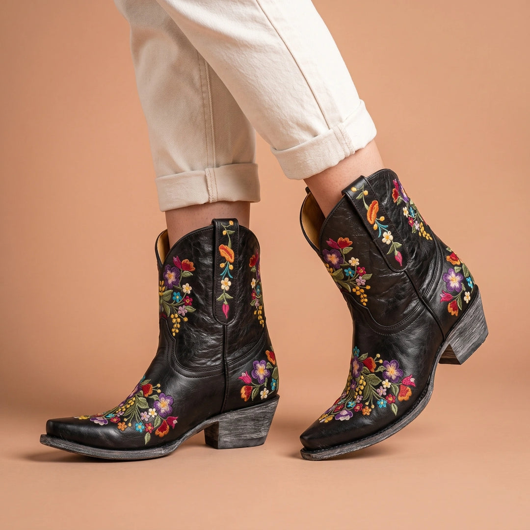 Caroline Floral Embroidered Suede Cowboy Boots - Black
