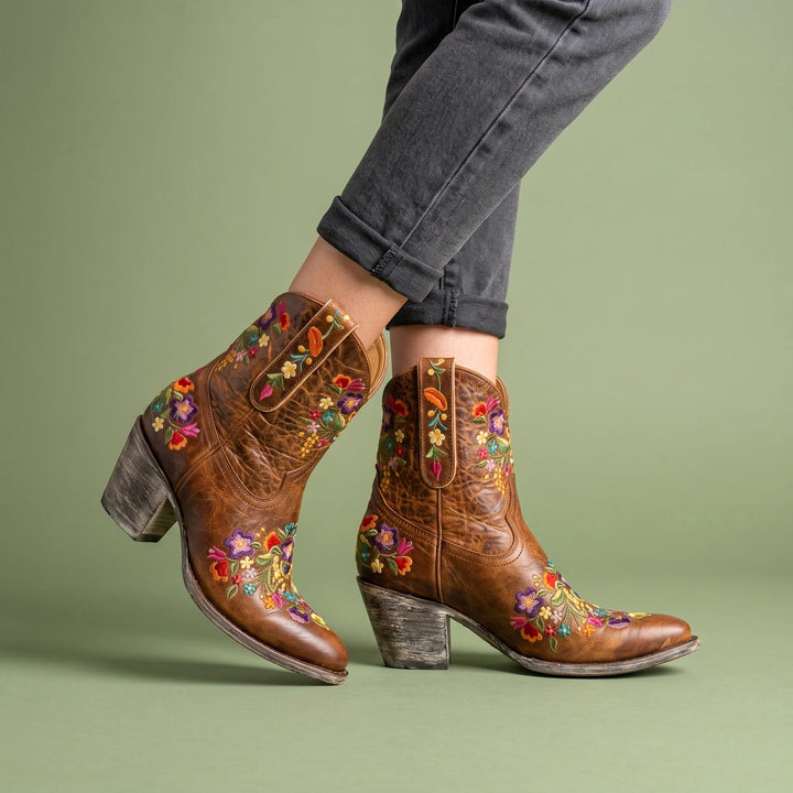 Caroline Floral Embroidered Suede Cowboy Boots - Brown
