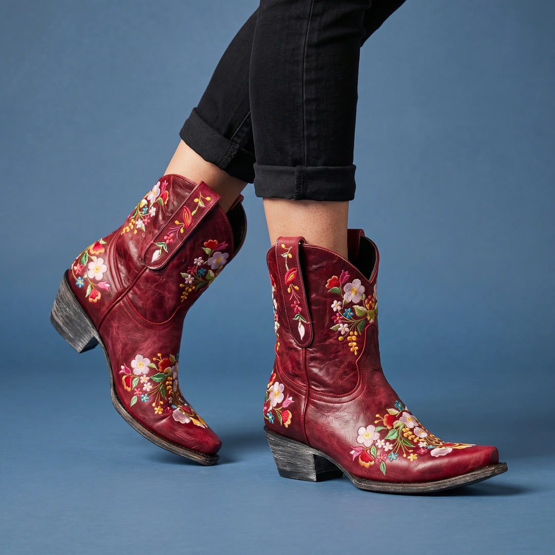 Caroline Floral Embroidered Suede Cowboy Boots - Red