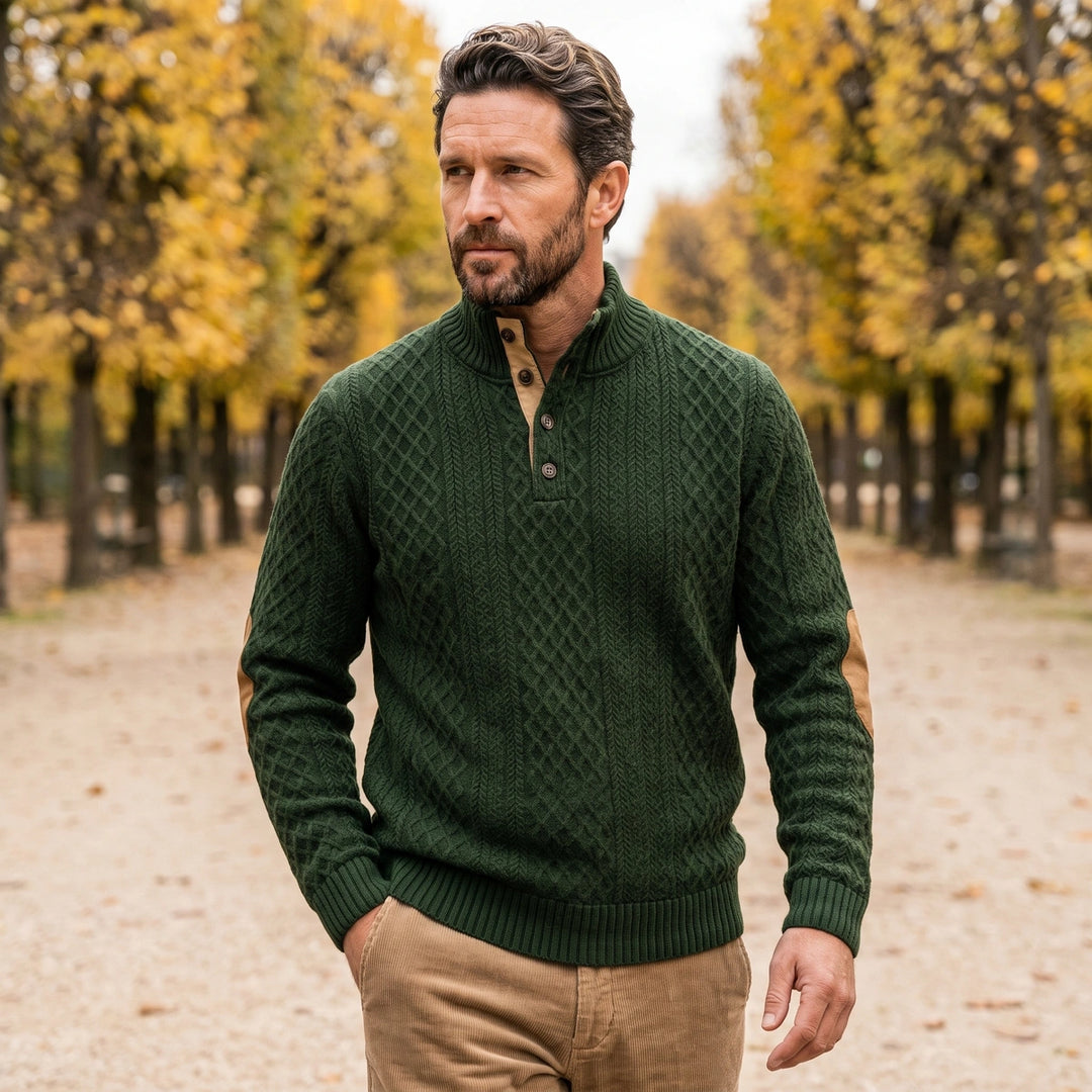 Casimiro Elbow Patch Cable Knit Mock Neck Sweater - Army Green