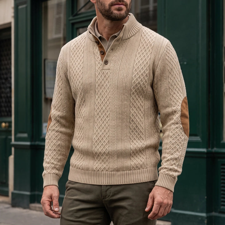 Casimiro Elbow Patch Cable Knit Mock Neck Sweater - Beige