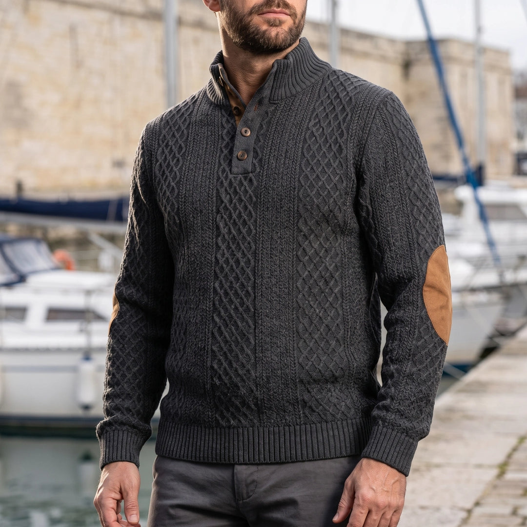 Casimiro Elbow Patch Cable Knit Mock Neck Sweater - Dark Gray