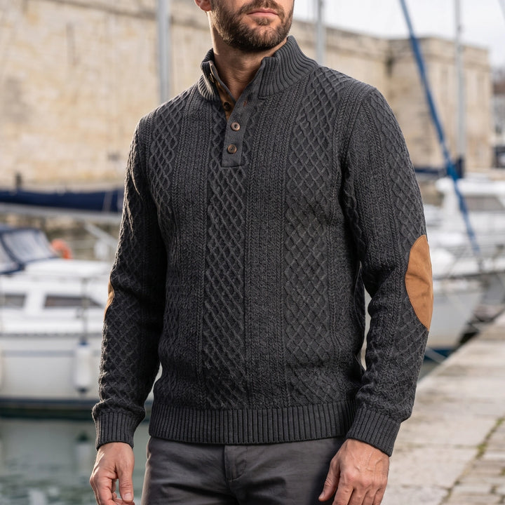 Casimiro Elbow Patch Cable Knit Mock Neck Sweater - Dark Gray