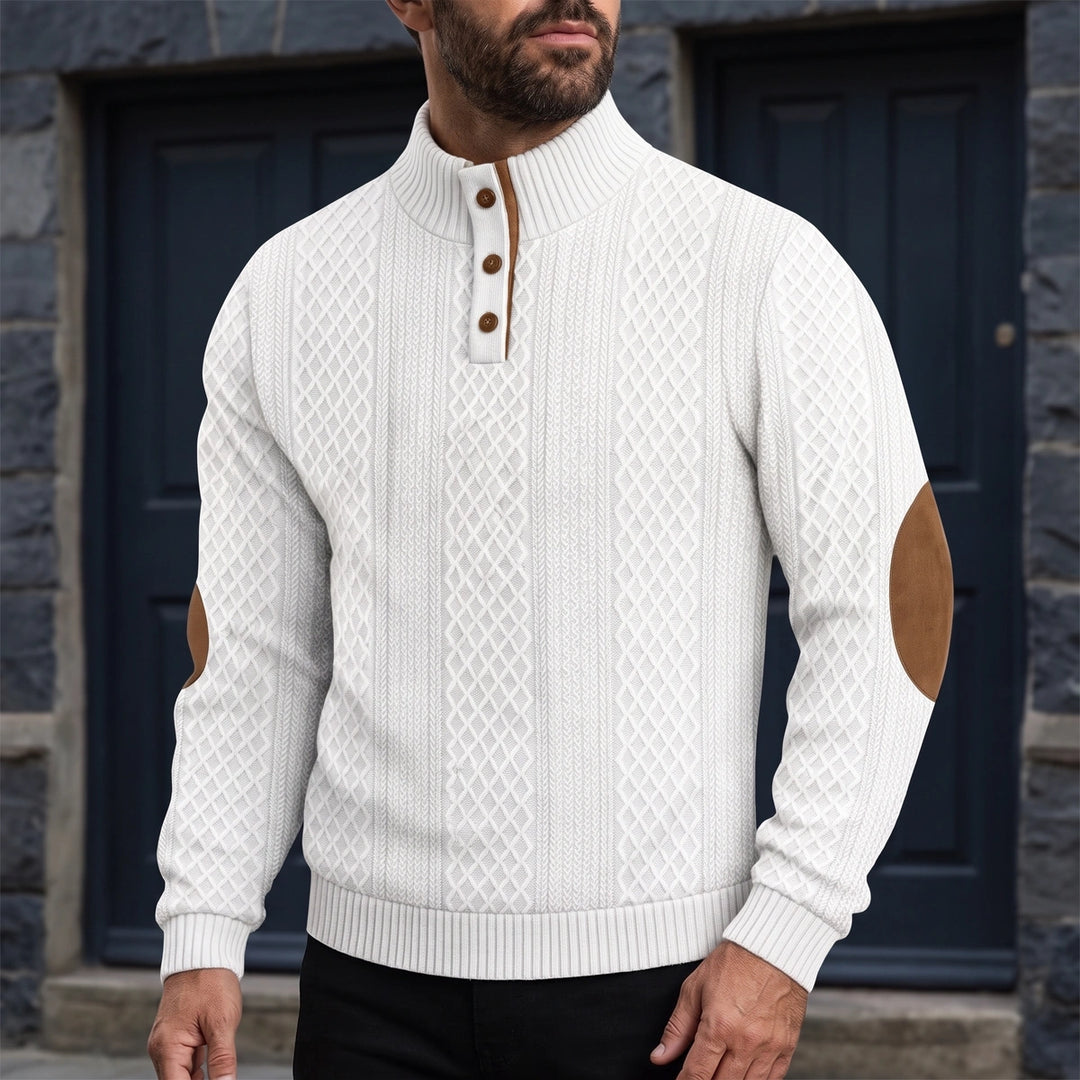 Casimiro Elbow Patch Cable Knit Mock Neck Sweater - White