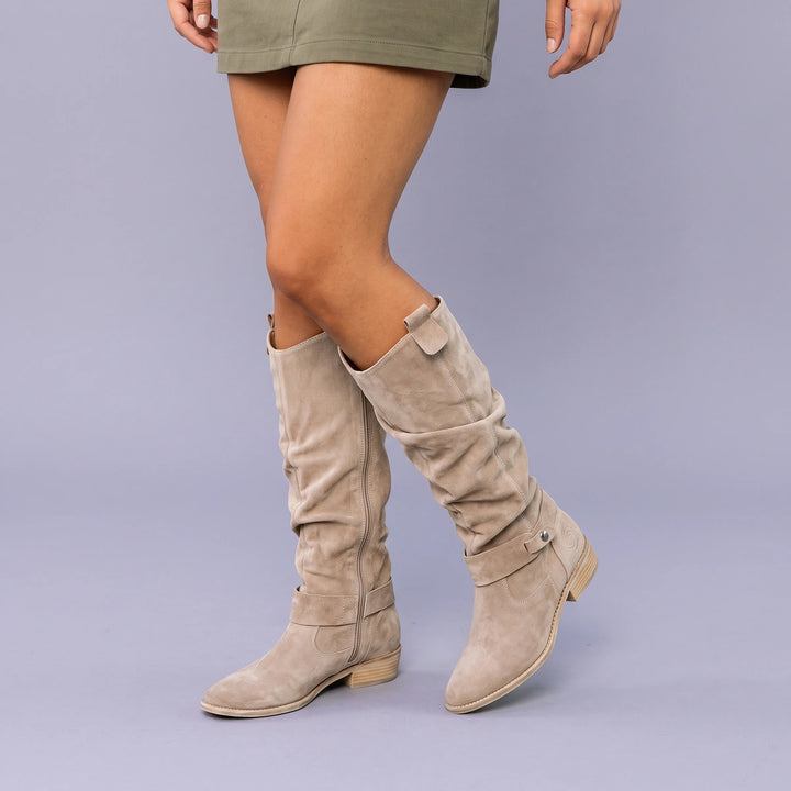 Catherine Gathered Suede Low Heel Tall Boots - Apricot