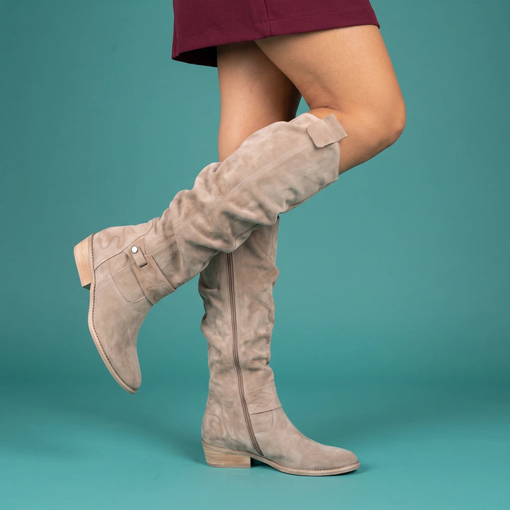 Catherine Gathered Suede Low Heel Tall Boots - Apricot