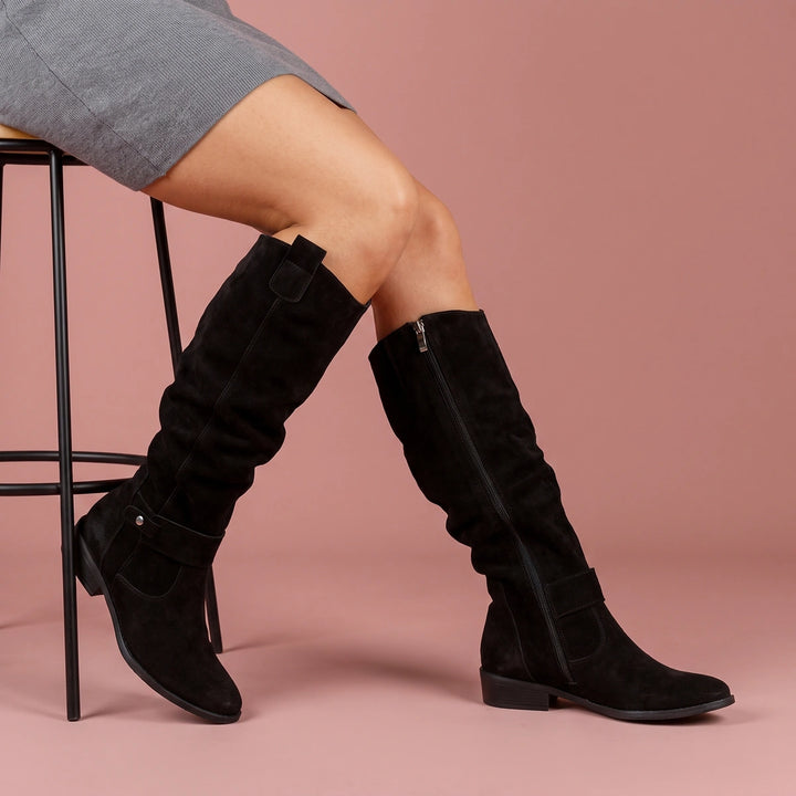 Catherine Gathered Suede Low Heel Tall Boots - Black
