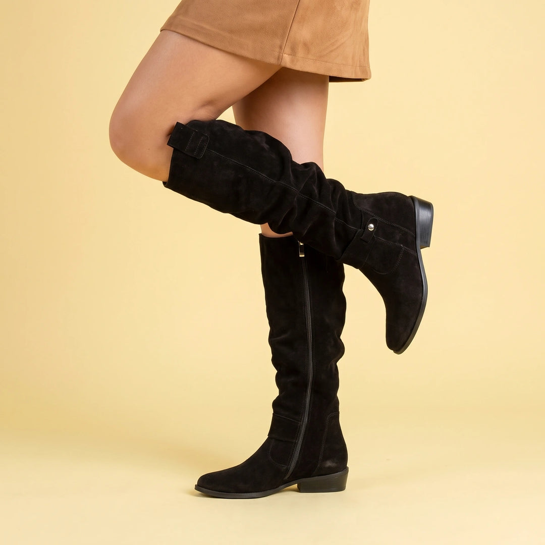 Catherine Gathered Suede Low Heel Tall Boots - Black