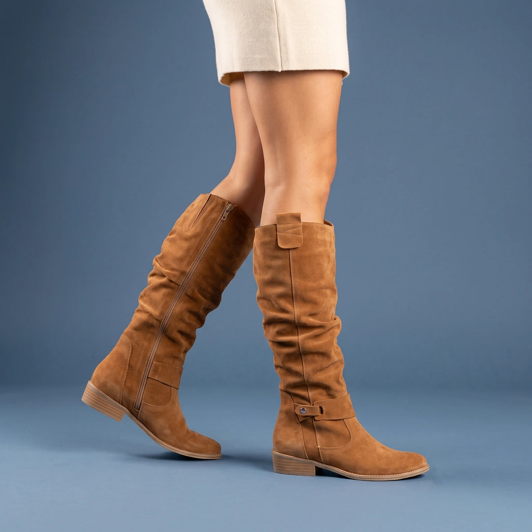 Catherine Gathered Suede Low Heel Tall Boots - Brown